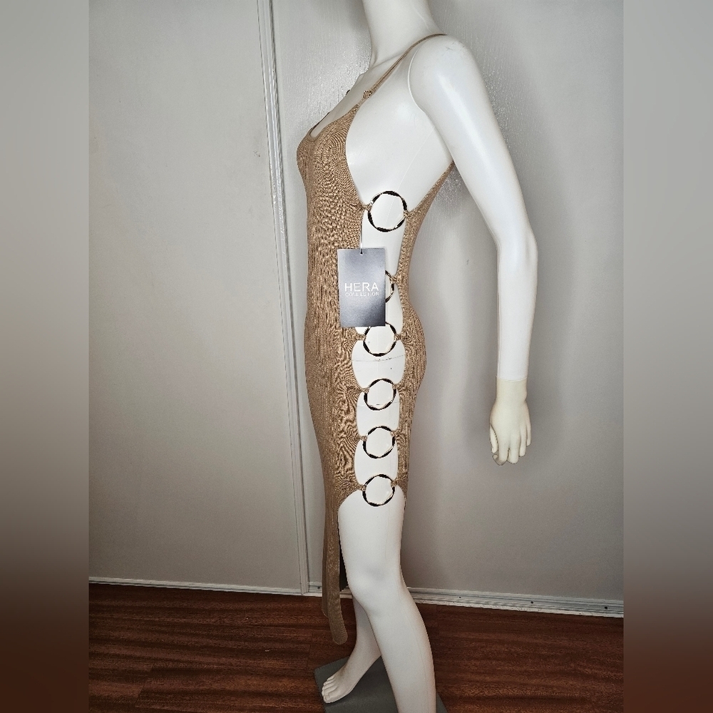 Hera Collection Taupe Dress Ribbed With Side Opening Size S Sexy Clubwear NEW - Picture 4 of 16